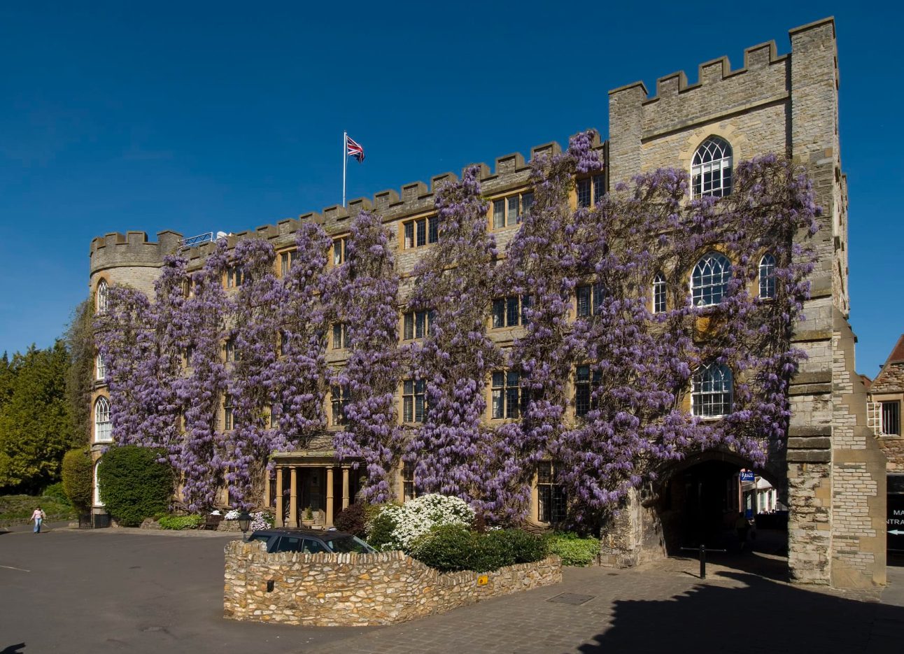 Exterior view of the Castle at Taunton hotel, a stone castle covered in vines and purple flowers